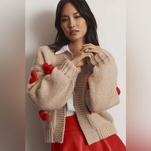 Anthropologie Beige Cardigan with Red Heart Details
